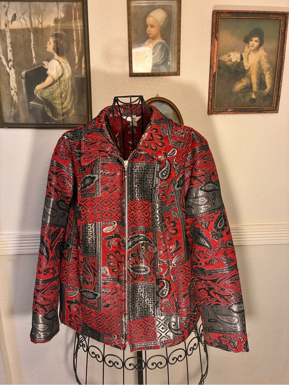 CJ Banks Red and Black Paisley Zip-Front Bomber Jacket